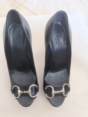 Gucci Black Leather Horsebit Peep-Toe Heels